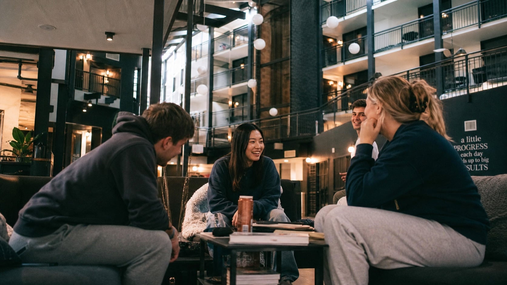 Three residents laughing together on the lounge sofas in a CSL community atrium