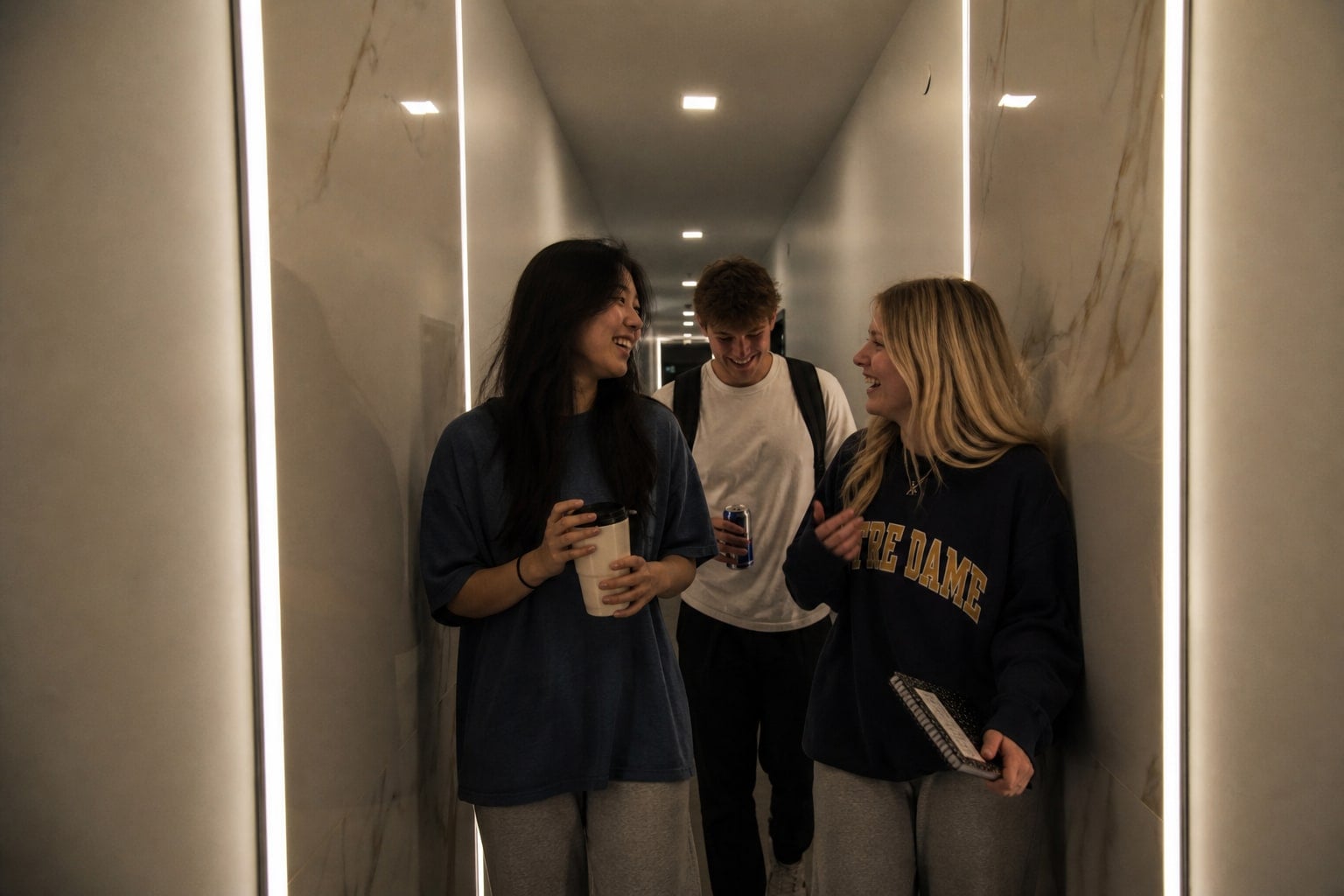 Residents walking and chatting in a bright community hallway