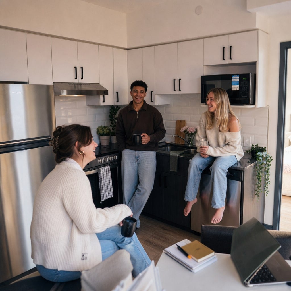 Three residents talking over coffee in a shared suite kitchen