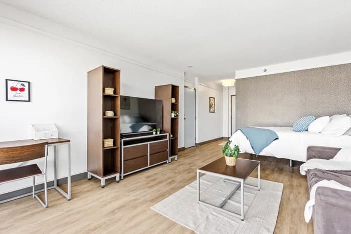 Chic studio apartment with modern furnishings, featuring a cozy bed, sleek entertainment center, and a charming workspace.