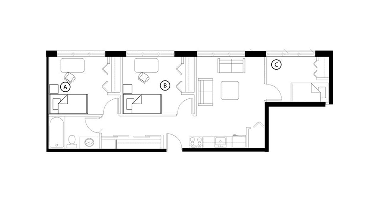 3 bedroom, 1 bathroom floor plan at 1Ten on Whyte