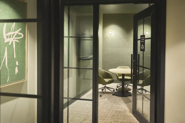 Glass-walled meeting and study rooms