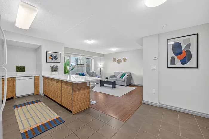 Modern open-concept apartment with chic kitchen and cozy living area